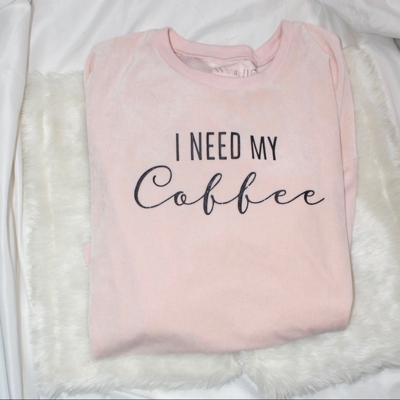Wound Up Tops - I Need Coffee Plush Pink Sweatshirt